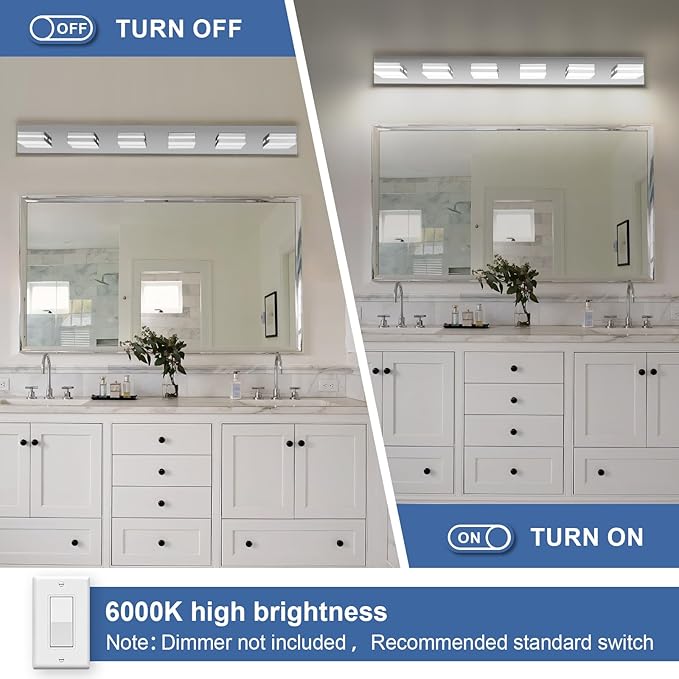 Modern LED Bathroom Lights Fixtures 6-Light,Stainless Steel Chrome Acrylic Wall Lighting,Vanity Lights for Bathroom Over Mirror 6000k 41in