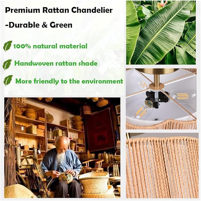 13.4" Rattan Flush Mount Ceiling Light Fixtures,3-Light Boho Light Fixtures Ceiling Mount for Bedroom,Small Rattan Chandelier,Gold Mini Chandelier Lighting for Dining Room Hallway Kitchen