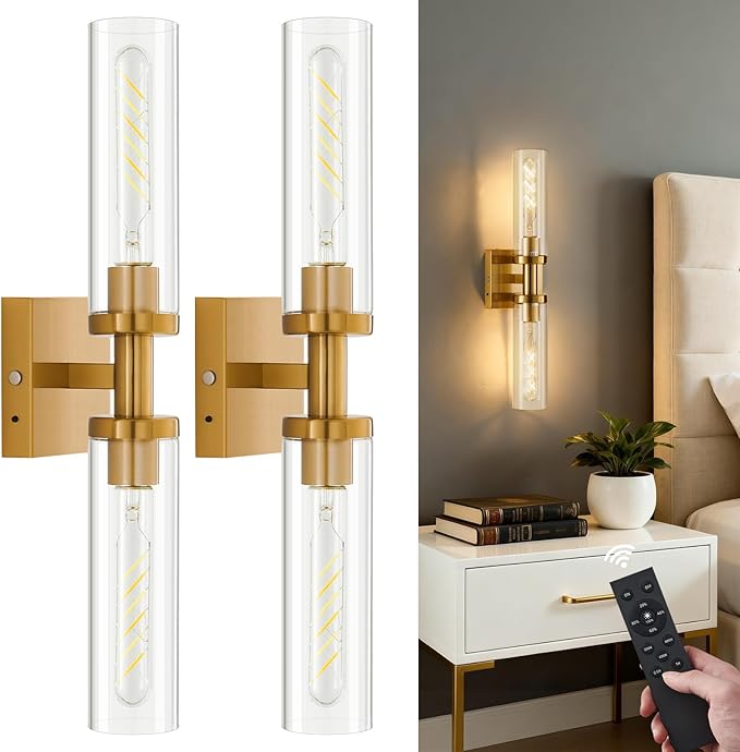 Gold Wireless Battery Operated Wall Sconces Set of 2，Glass Rechargeable Wall Lamps with Remote, Cordless Battery Powered Decor Lights Fixture for Bathroom Living Room Bedroom Hallway Entryway