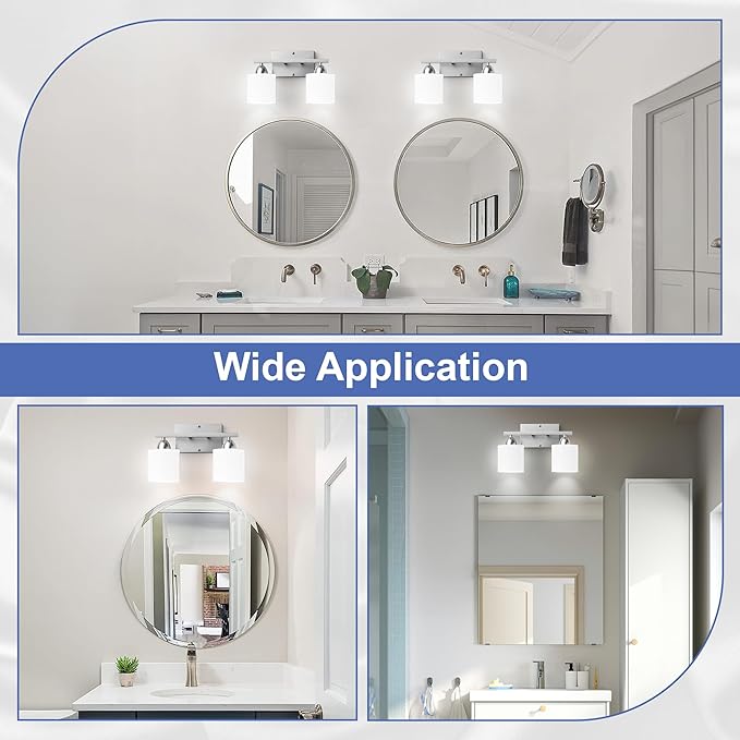 Bathroom Lighting Fixtures Over Mirror Brushed Nickel, Anti-Rust 2-Light Bathroom Vanity Lights, Modern 18Inches Wall Sconces E26 Base, Milky White Glass Shades, Bulbs Not Included