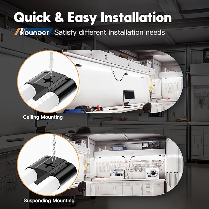 BBOUNDER 4 Pack Linkable LED Utility Shop Light, 4 FT, 4000 LM, 48 Inch Integrated Fixture for Garage, 40W Equivalent 250W, 5000K Daylight, Surface + Suspension Mount, Black