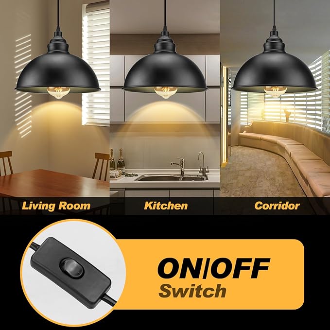 Plug in Pendant Light, 15FT Hanging Lights with Plug in Cord, On/Off Switch, Industrial Pendant Light with Plug in Cord, Metal Hanging Lamps for Living Room, Kitchen, Dining Room-Large Black
