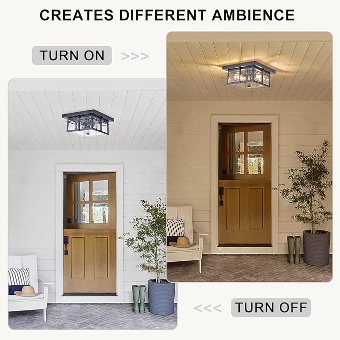 Motion Sensor Outdoor Flush Mount Ceiling Light, Industrial Glass Rustic Wood-Like Finish 2-Light Ceiling Lamp for Porch, Entryway, Garage, Timer and Sensitivity Adjustable (Black-Square)