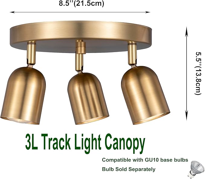3 Light Track Lighting Kit Canopy,Matt Brass Finish with Modern Flush Mount Ceiling Spotlight for Kitchen,Bedroom,Living Room,Home Improvement