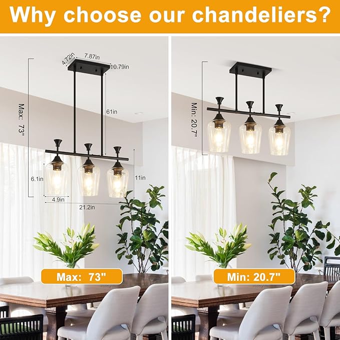 21.2" Dining Room Light Fixture/Chandelier Over Table, 3-Light Matte Black Kitchen Island Lighting with Clear Glass Shade, Modern Hanging Pendant Lights Fixture for Kitchen Island, Dining Room, Bar