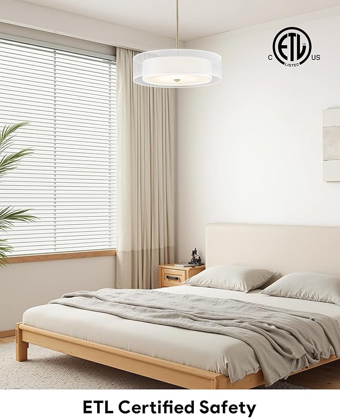 VONLUCE Drum Chandelier, 20" 3-Light Modern Chandelier with 2-Tier Fabric Lampshade, Modern Ceiling Light Fixture for Dining Room Bedroom Living Room with E26 Sockets, Gold Finish, ETL Certified