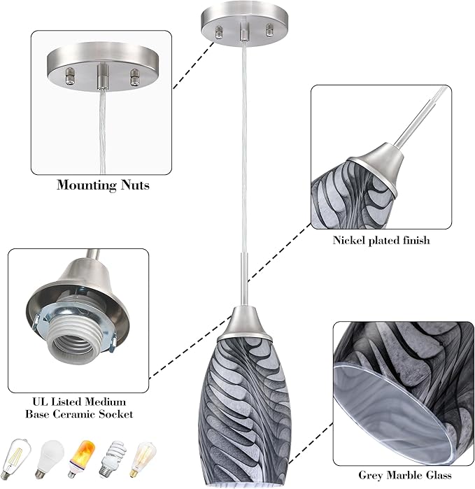Viinew Mini Glass Pendant Light 4.72" with Handblown Black Gray Marble Art Glass Hanging Light 3-Pack Oval Ceiling Hanging Light Fixture for Dining Room Kitchen Island Cafe Foyer Hallway