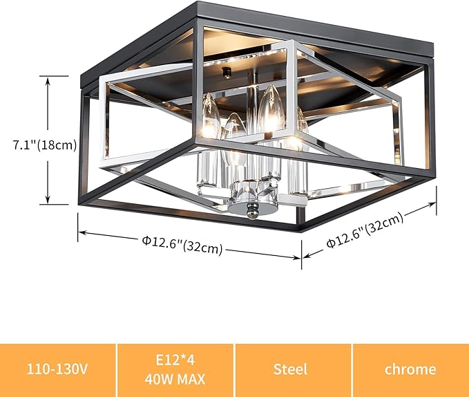 Square Ceiling Light, 4-Light Flushmount Modern Close to Ceiling Light Fixture for Living Room, Bedroom, Dining Room, L13 x W13 x H7 inch, Black & Chrome Finish Frame