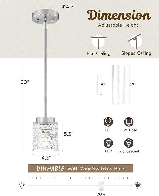 FEMILA 3 Pack Brushed Nickel Pendant Lighting,4" Mini Glass Pendant Light for Kitchen Island, Pendant Light Vintage Light Fixtures for Bedroom, Hotel, Dining Room, 4FY86MIL-3PK BN