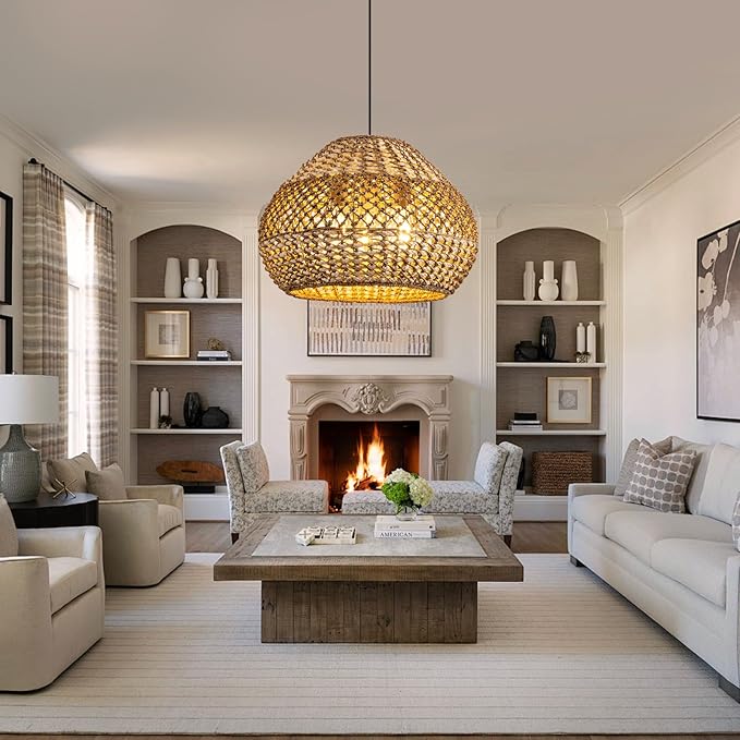 Rattan Pendant Light Fixtures,18.9" Boho Seagrass Pendant Light,3-Light Hand Woven Water Plants Rattan Chandelier for Dining Living Bedroom Kitchen Farmhouse