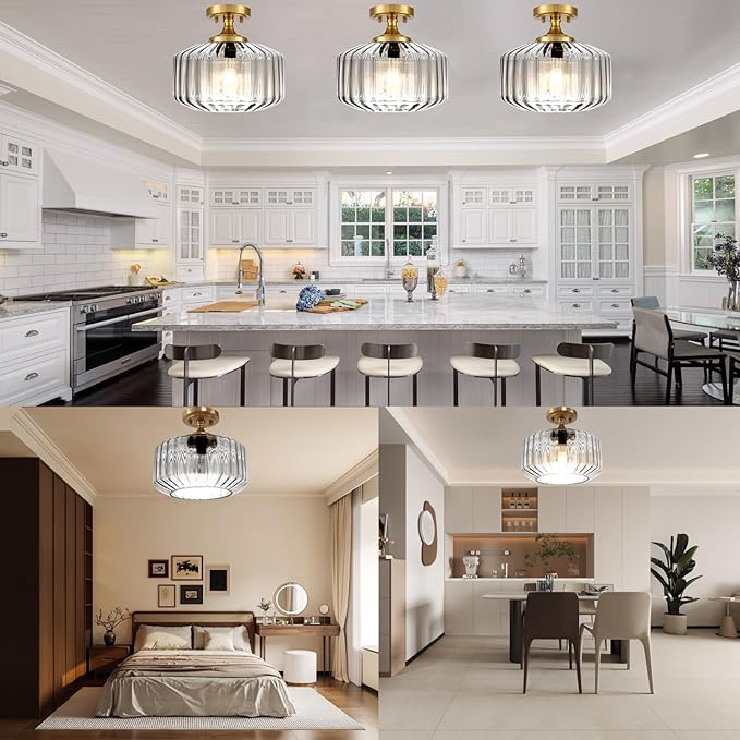 Glass Globe Ceiling Light 2 Pack Dining Room Light Fixture 1-Light Ceiling Lamp Clear Striped Glass Shade Semi Flush Mount Ceiling Light Fixture Farmhouse for Hallway, Kitchen, Entryway