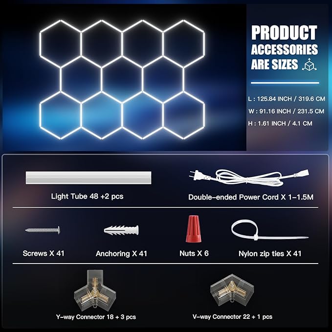 JTT Hexagon LED Garage Lights 736W 73600LM 6500K Super Bright Ceiling Shop Light for Basement Warehouse Gym Auto Beauty and Car Detailing
