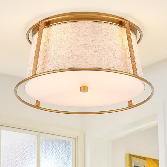 VILUXY Gold Semi Flush Mount Ceiling Light Fixture, 13’’ Modern Close to Ceiling Lights with Beige Fabric Linen Drum Shade 3-Light Round Ceiling Lamp for Bedroom Hallway Nursery Kids Room Entryway