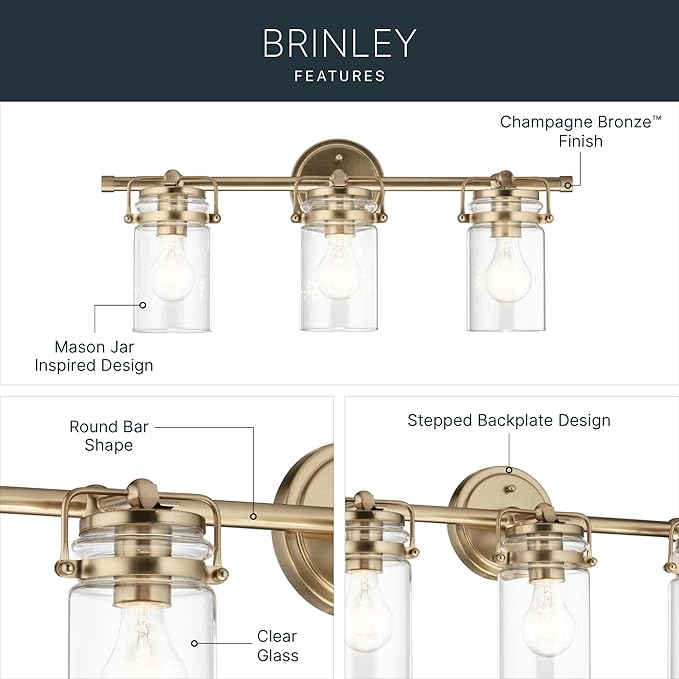 Kichler Brinley 24" 3-Light Bathroom Vanity Light Fixture with Clear Glass in Champagne Bronze, Modern Farmhouse Mason Jar Style for Mirror Lighting (24" W x 10.25" H), 45689CPZ