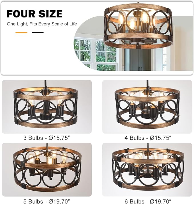 4-Light Semi Flush Mount Ceiling Light Fixture,17.71" Black Light Fixtures Ceiling Mount Kitchen Lighting Fixture Rustic Drum Chandelier Ceiling Haning Pendant Light Fixture