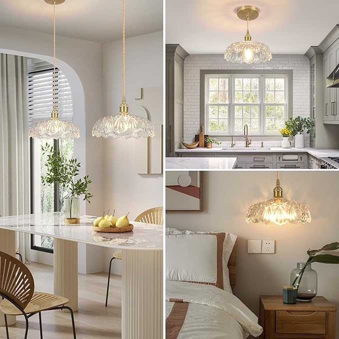 Glass Pendant Light Vintage Light Fixtures,Transparent Modern Chandelier Pendant,E26 Pendant Lights Kitchen Island,9.4inch Hanging Lamp for Bedroom Hotel Dining Room 1 Light