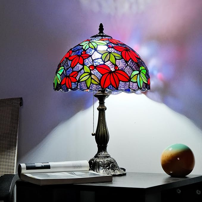 Tiffany Style Stained Glass Table Lamp, Maple Leaf Desk Light with Antique Bronze Resin Base, Multicolor Reading Lighting for Bedroom, Living Room, Office 12”X12“X19 (Maple-Purple Blue)