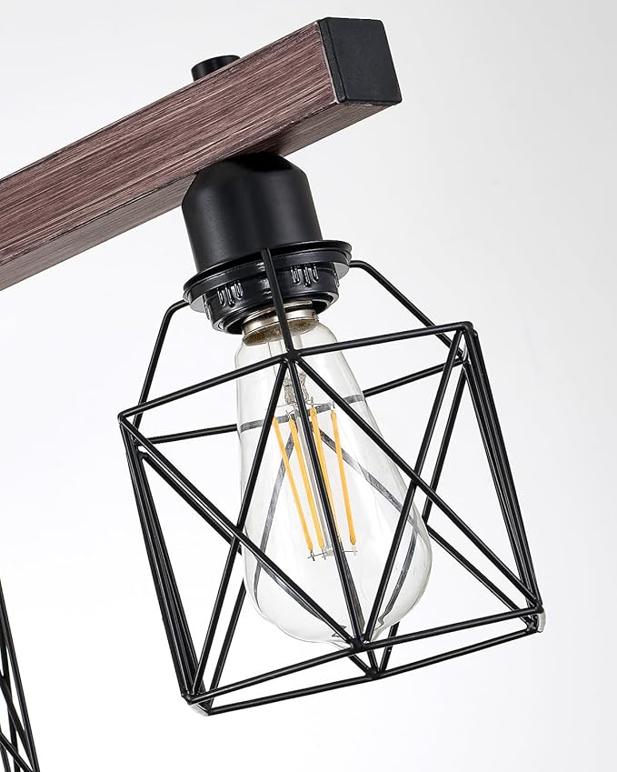 Industrial Pendant Light Fixture, 3-Light Kitchen Island Lighting with Wood Grain Bar and Black Metal Cage, Farmhouse Rustic Hanging Ceiling Lamp for Dining Room, Living Room