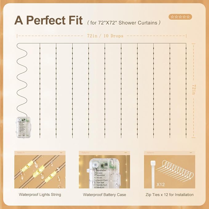 Fairy Lights for Shower Curtains, Waterproof String Lights for 72 x 72 Inches Shower Curtains Battery Operated Warm White Curtain Lights for Bathroom, 180 LEDs Indoor Outdoor Decor (NO CURTAIN)