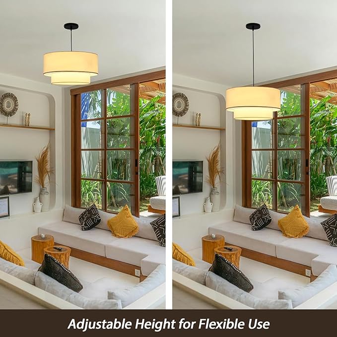 Linen Drum Pendant Light, 18” Double Drum Light Fixture with Modern Fabric Lampshade, 3-Light Linen Chandeliers for Dining Room, Bedroom