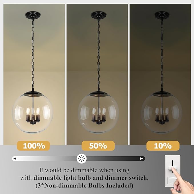 KoKo&Yukina 14" Black Globe Pendant Light Mid Century Pendant Light Clear Glass Pendant Lights Kitchen Island Adjustable Hanging Light Fixture for Dining Room Bedroom Kitchen Island