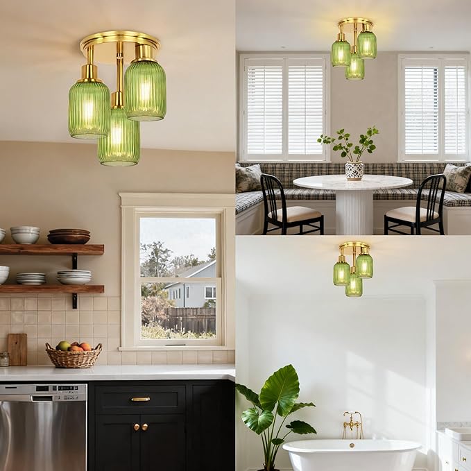 Semi Flush Mount Ceiling Light, 3-Light Close to Ceiling Light Fixtures, Brass Gold Finish Kitchen Light Fixtures with Green Glass Shades Patriot Lighting for Entryway Porch Hallway, Gold & Green