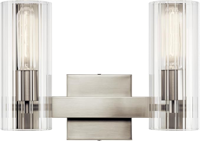 Kichler Jemsa 2-Light Bathroom Vanity Light Fixture with Clear Fluted Glass in Brushed Nickel for Modern Bathroom or Powder Room Over Mirror (9.75" x 13.75"), 55167NI