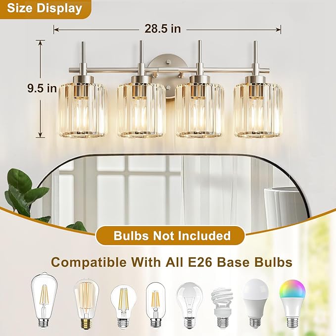EJIAXIN Crystal Bathroom Vanity Lights, 4 Light Bath Mirror Light Brushed Nickel Round Crystal Wall Mount Light Fixture Over Mirror Morden for Living Room