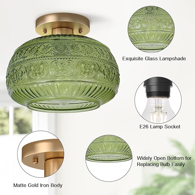 Semi Flush Mount Ceiling Light Fixture, 11" Vintage Gold Hallway Lights Fixture Ceiling with Green Glass for Kitchen, Hallway, Bathroom and Entry Way,Compatible with E26 Light Bulb