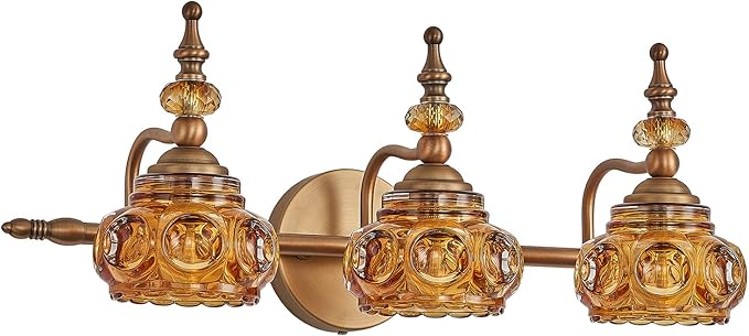 Vintage Bathroom Vanity Light Fixtures, 3-Light Brass Vanity Wall Light Over Mirror with Amber Glass Shade for Bathroom Bedroom Living Room