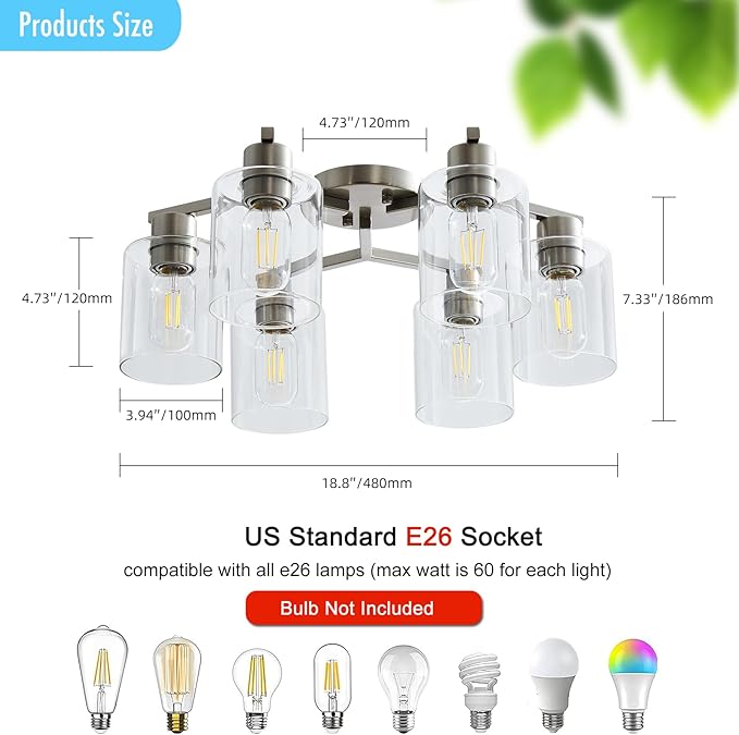 6 Light Semi Flush Mount Ceiling Light Modern Brushed Nickel Ceiling Light Fixtures Kitchen Lighting Fixtures Cieling with Clear Glass Shade for Kitchen Bedroom Living Room Dining Room
