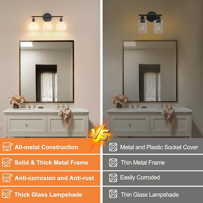 Shenmoyl Bathroom Light Fixtures, 3-Light Black Vanity wall Light Over Mirror with White Tulip Glass Shade for Bedroom Living Room (Bulb Not Included)