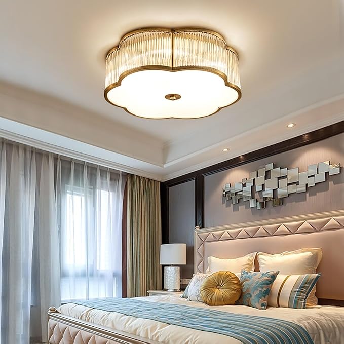 Modern Floral Flush Mount Ceiling Light,Art Deco Brass Ceiling Light,Gold Scalloped Light Fixture,Frosted Glass Ceiling Lamp for Hallway Bedroom Dining Room and Kitchen