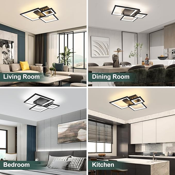 Modern Black Led Ceiling Light 3-Square Design 3000K-6500K Dimmable LED Ceiling Light with Remote 33W Acrylic Ceiling Lighting Fixture for Bedroom Kitchen Dining Room Office Lamps