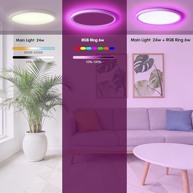 Led Ceiling Light 12 Inch - Flush Mount Ceiling Light for Bedroom Living Room, RGB Rear Color, White, 1-Pack