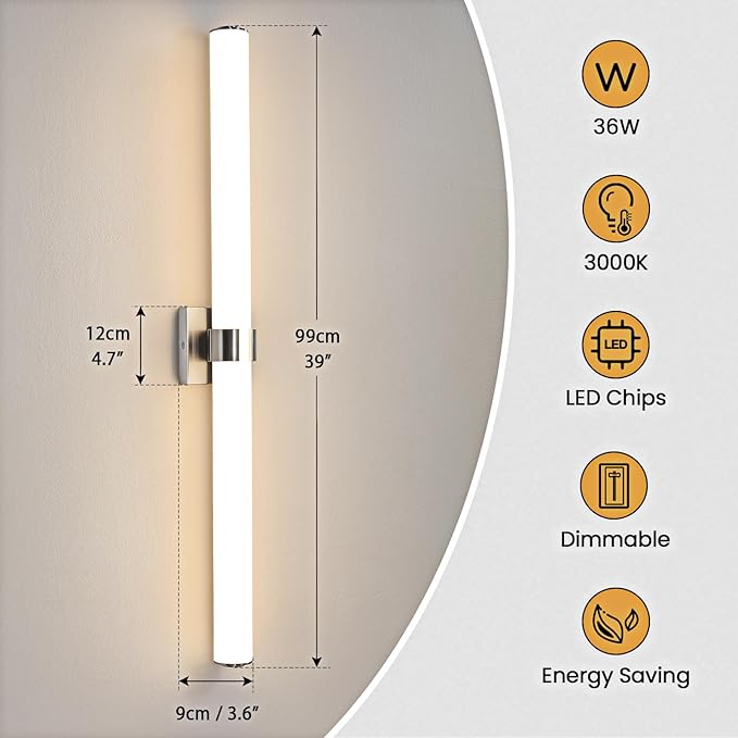 AIJIASI Bathroom Vanity Light Fixtures - 39 Inch Brushed Nickel Bathroom Lights Over Mirror, 36W 3000K Dimmable LED Vanity Light Bar Modern Wall Sconce Light for Mirror Living Room Gallery Hallway