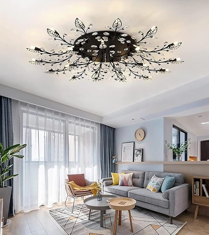Modern Crystal Ceiling Light Fixture,Semi Flush Mount Chandeliers,Crystal Leaf Ceiling Light, Chandeliers for Dining Room,Living Room,Bedroom