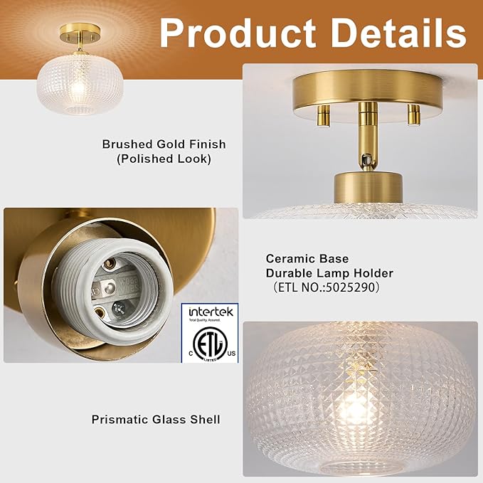 Modern Prismatic Globe Ceiling Light,Vintage Glass Flush Mount Light Fixture with Brass Gold Base Hallway Ceiling Lighting for Bedroom,Foyer,Kitchen,Laundry Room,Entryway,9.84 Inch,E26 1-Light