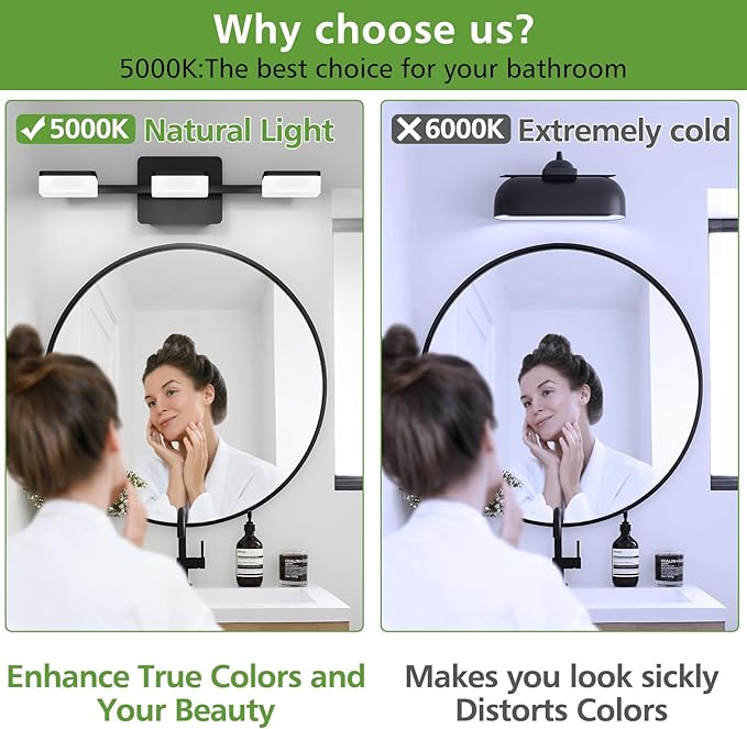 Black LED Bathroom Vanity Light, Modern Wall Lighting Fixtures, 3-Light Bathroom Lighting Fixtures Over Mirror, 360° Rotate Acrylic Matte Black Vanity Lights for Bathrooms