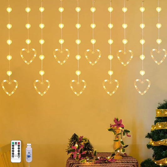 YOLIGHT Heart Curtain Lights, 9.8ft Valentine's Day Window Lights, USB Plug LED Hearts String Lights, Light up Heart Hanging Lights for Valentines Mother's Day Room Decoration (Warm White)