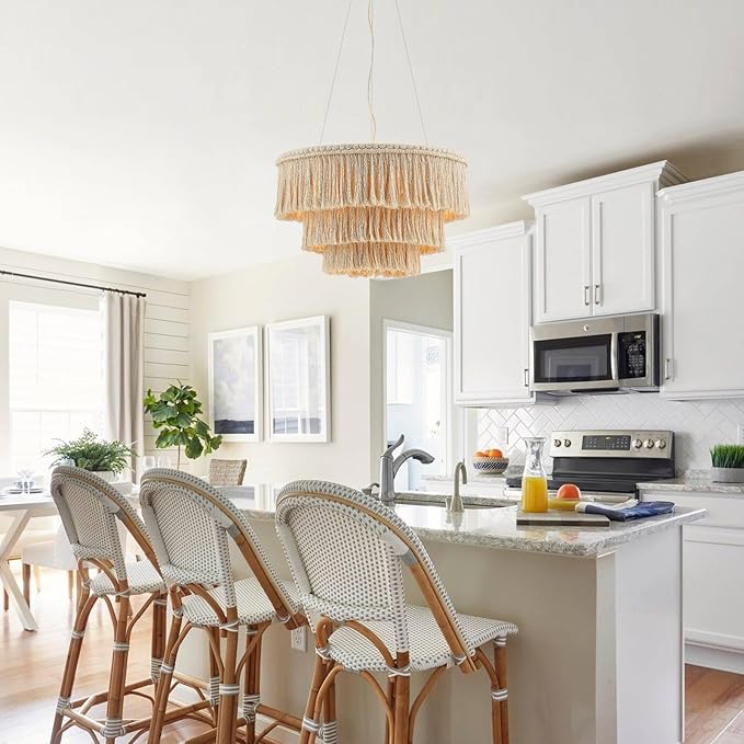 24” Fringe Chandelier with Tassels 3-Tier Boho Hand Woven Pendant Light for Dining Room Kitchen Island Living Room Foyer, UL Listed