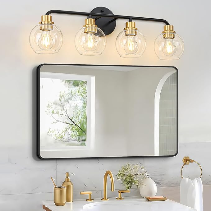 4 Light Bathroom Vanity Light, Black and Gold Bathroom Light Fixtures with Clear Glass Shade Modern Wall Sconces Lighting Bath Wall Lights Lamp for Mirror Kitchen Living Room Bedroom Hallway Cabinet