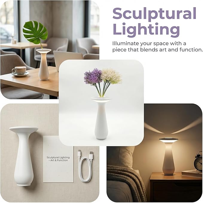 Flower Vase Lamp, Cordless Touch Control Bedside Lamp, Modern Floral Table Lamp for Bedroom Living Room,Gift for Mom, Wife, Grandma,Decorative Nightstand Lamp for Bedroom Decor