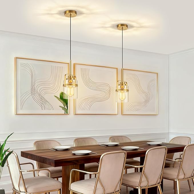 Modern Brass Pendant Lights Kitchen Island Light, Adjustable Hanging Light Fixture with Clear Glass Shade, Farmhouse Pendant Light for Dining Room Bar Over Sink/Table/Counter, 1 Pack