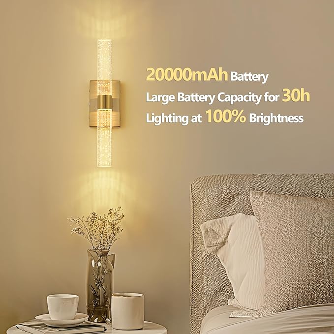 20000mAh Battery Operated Wall Sconces Set of 2, 3CCT, Gold Rechargeable Wall Light with Remote Control, 3000K-6000K Dimmable LED Wireless Sconces for Bedroom, Living Room, 15.6 Inch