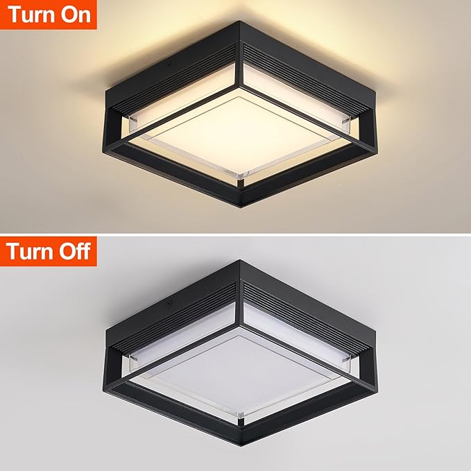 Square Flush Mount Outdoor LED Ceiling Light Fixture, 120V 24W 3000K 9 inch Medium Overhead Porch & Patio Lights Ceiling Mounted, Waterproof Suitable for Wet Areas, Black