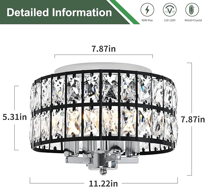 Black Chrome Crystal Ceiling Light, 4-Light 11.2 Inch Modern Flush Mount Chandelier, Crystal Flush Mount Ceiling Light Fixture for Bedroom, Kitchen, Bathroom, Hallway, Dining Room, Entryway