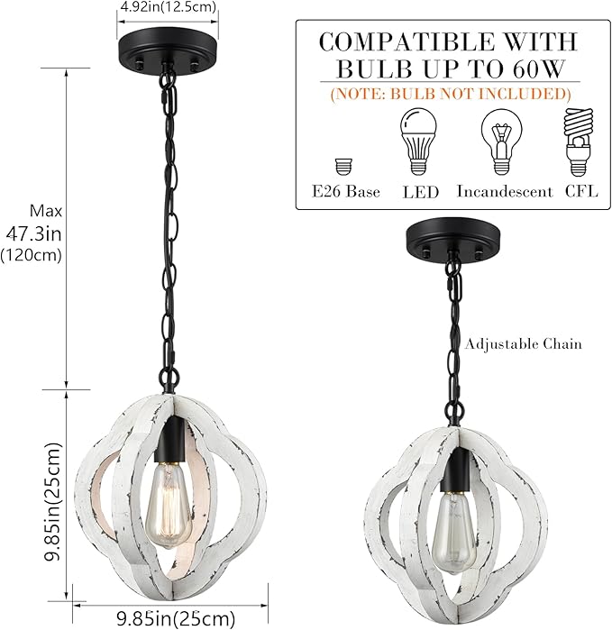 SAMTEEN Farmhouse Wood Pendant Light Distressed White Wood Chandelier Lighting with Adjustable Chain Wooden Hanging Light Fixtures for Kitchen Island Dining Room Bedroom