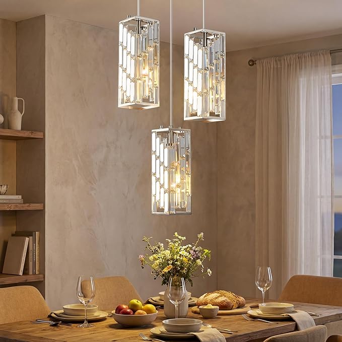 Brushed Nickel Pendant Lighting Modern Pendant Light, Mini Crystal Chandeliers,Adjustable Pendant Light Fixture for Kitchen Island Dinning Room Bedroom (3 Light)