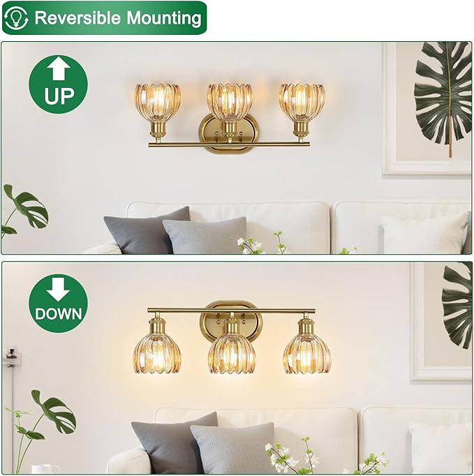 Gold Bathroom Light Fixture, 3-Light Bathroom Vanity Light Over Mirror with Ribbed Amber Tulip Glass Shade, Brass Wall Scone Lighting for Farmhouse, Bedroom,Living Room,Hallway